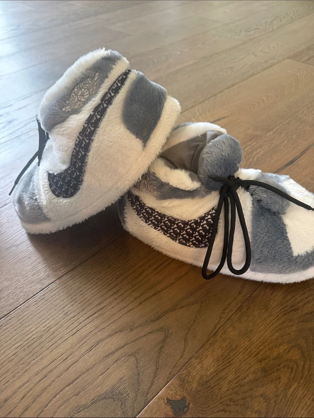 Kids Nike Style Plush Fuzzy Slide Slippers in White, Gray and Black